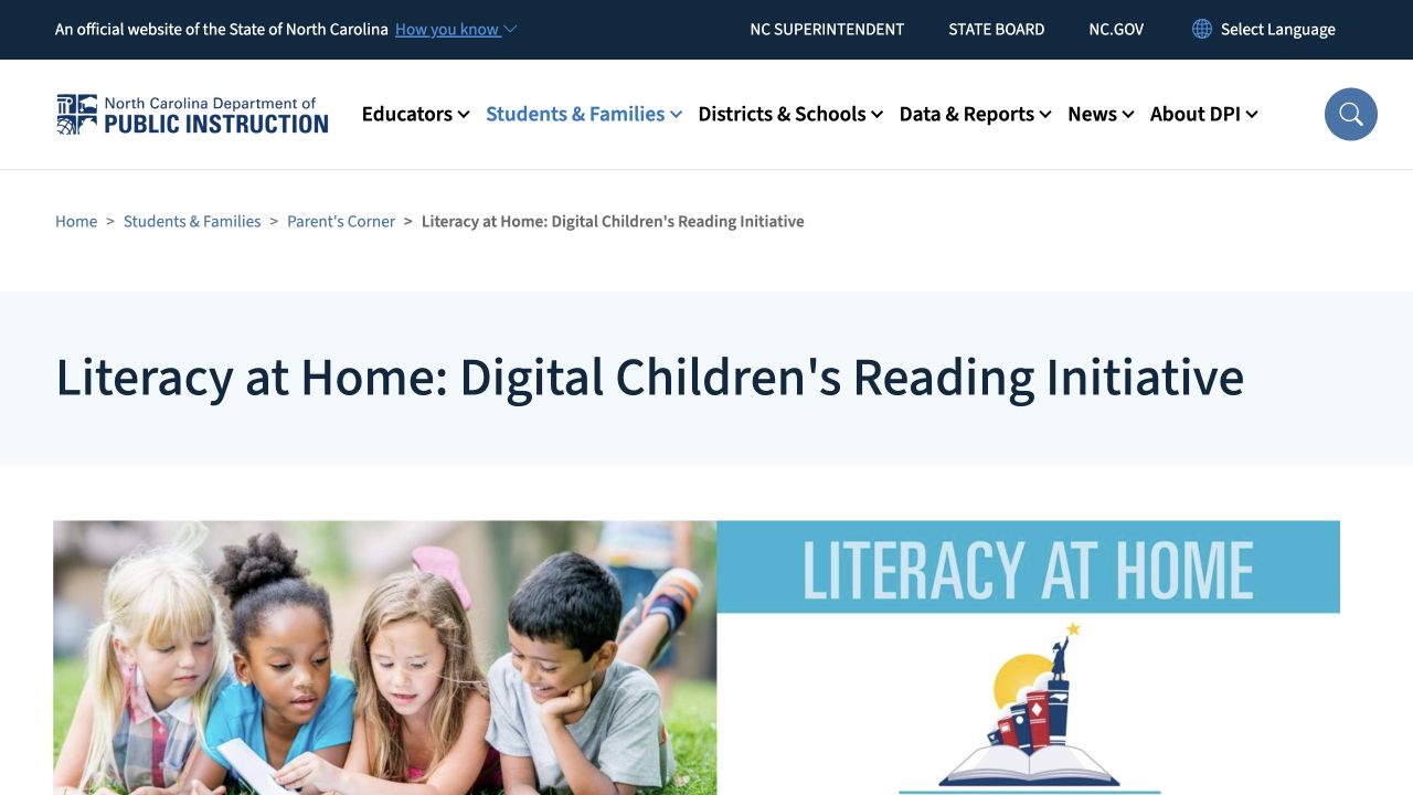 Screenshot of NC Literacy at Home