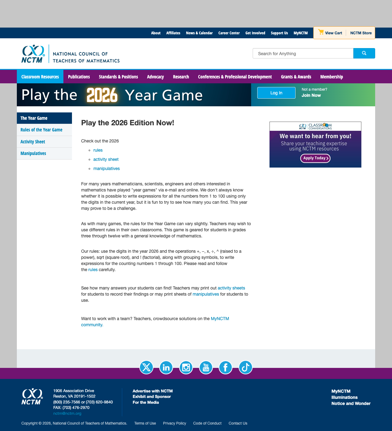 Screenshot of NCTM The Year Game