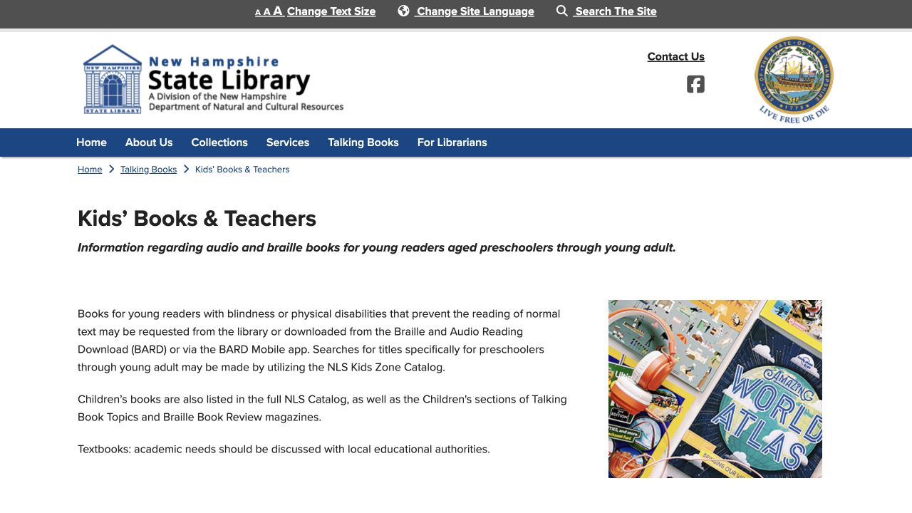 Screenshot of New Hampshire State Library Kids’ Books & Teachers
