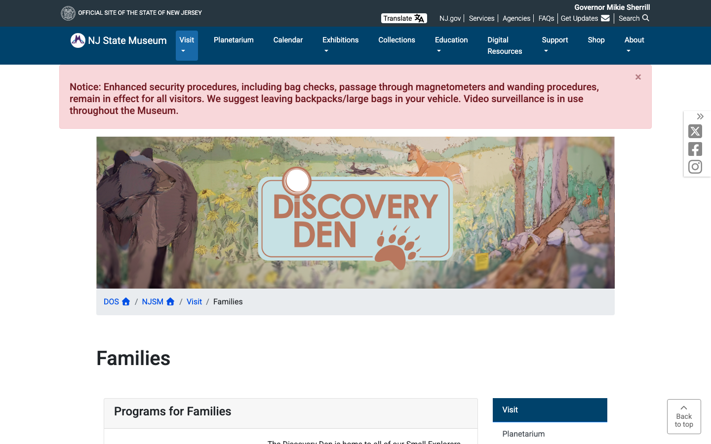 Screenshot of NJ State Museum Families / Discovery Den