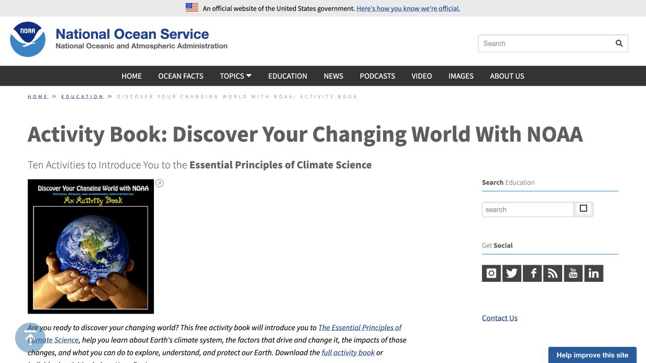 Screenshot of NOAA Discover Your Changing World Activity Book