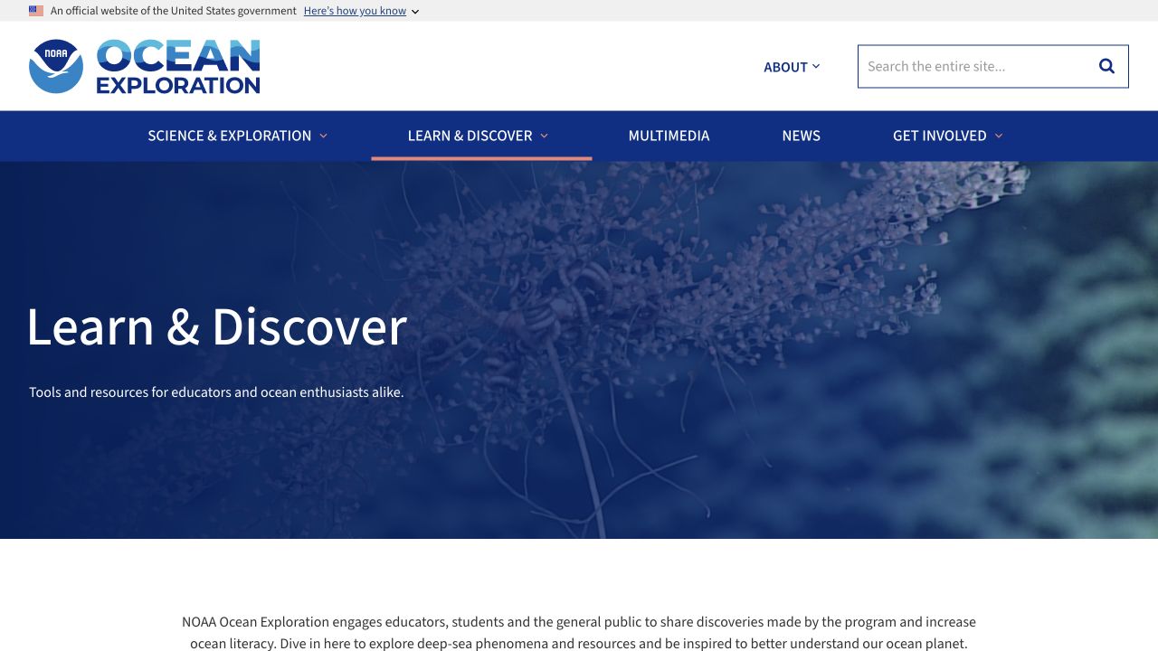 Screenshot of NOAA Ocean Exploration Educator Resources