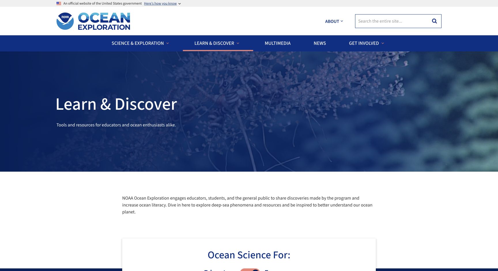 Screenshot of NOAA Ocean Exploration Learn & Discover