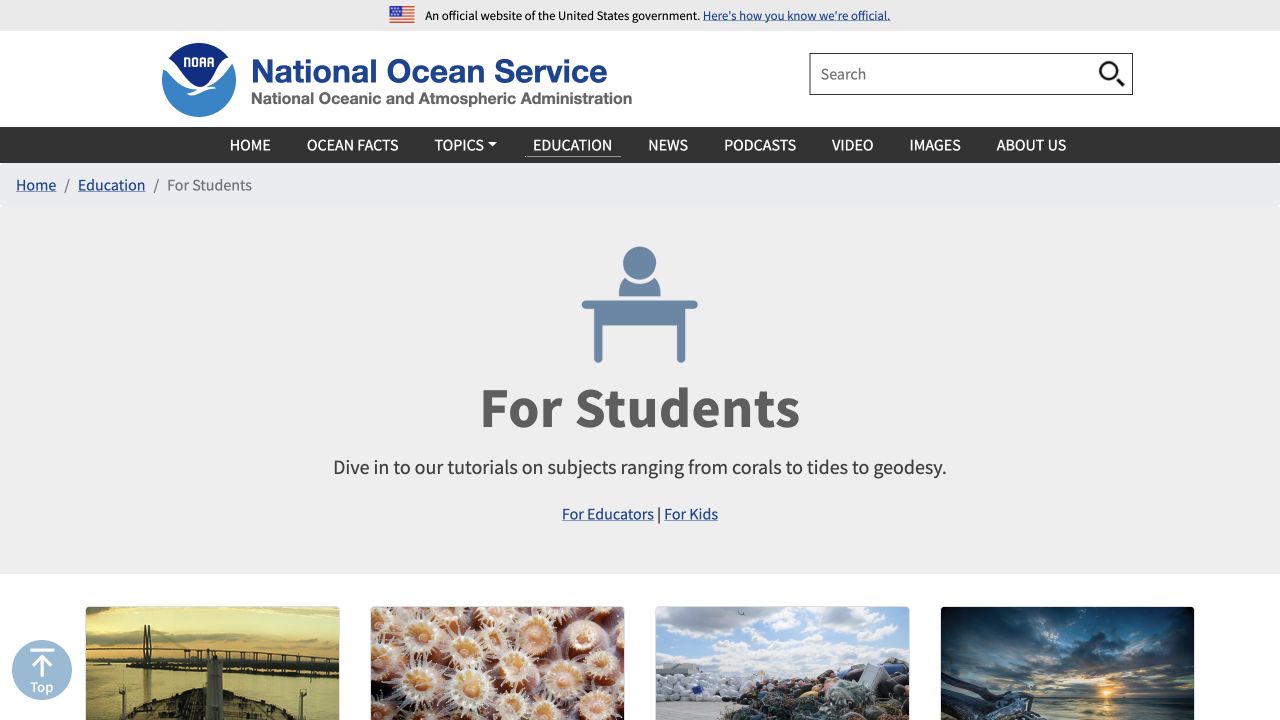Screenshot of NOAA Ocean Service for Students