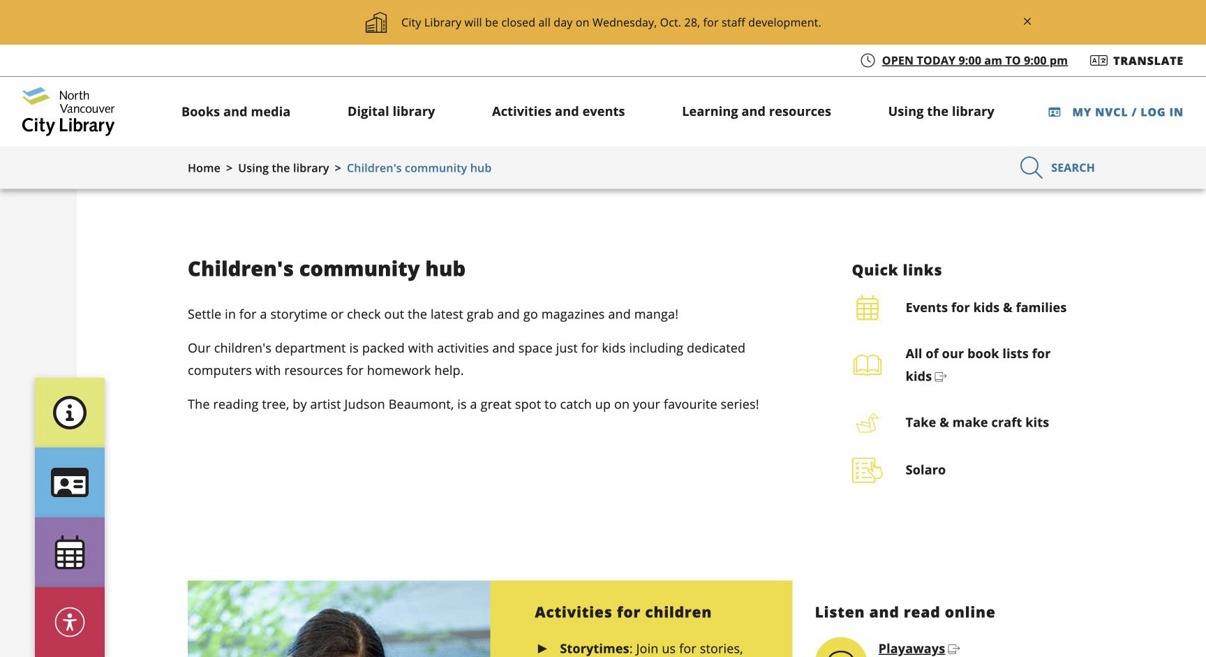 Screenshot of North Vancouver City Library Children’s Community Hub
