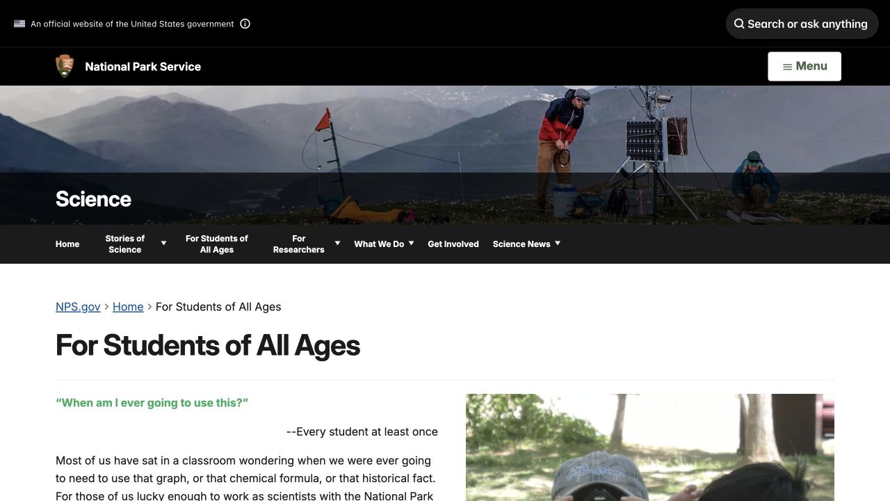 Screenshot of NPS Science for Students of All Ages