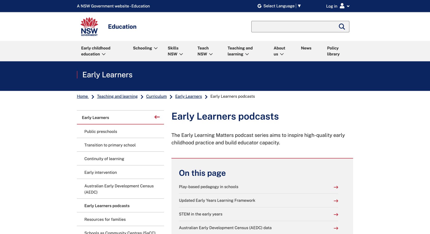 Screenshot of NSW Early Learners Podcasts