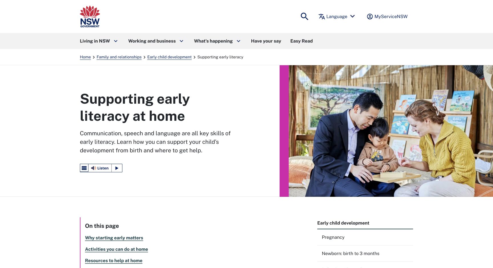 Screenshot of NSW Supporting Early Literacy at Home