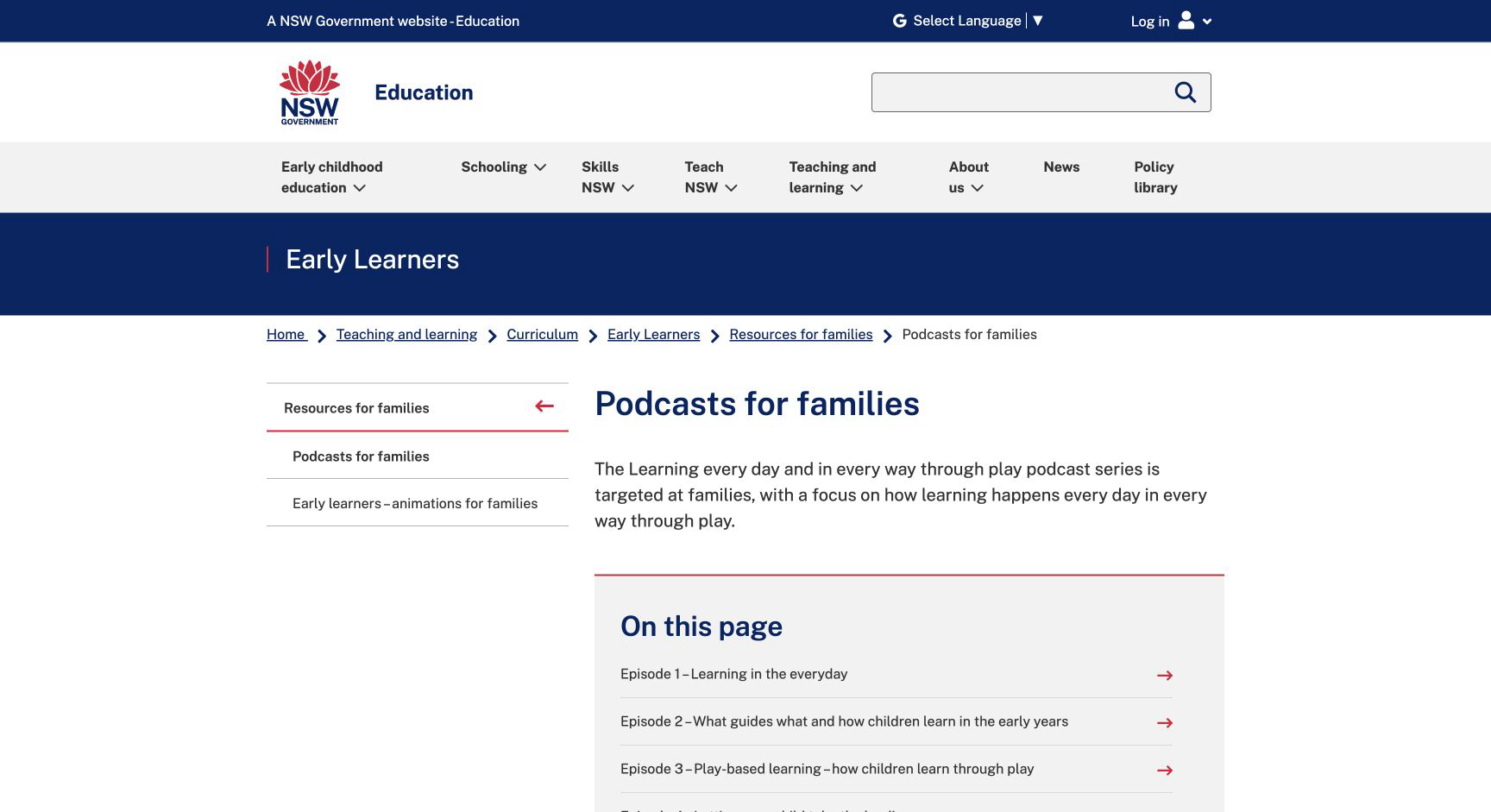 Screenshot of NSW Learning Every Day Through Play Podcasts