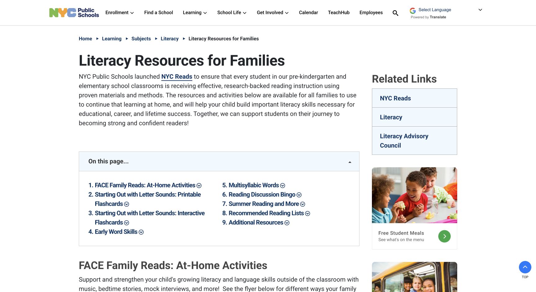 Screenshot of NYC Literacy Resources for Families