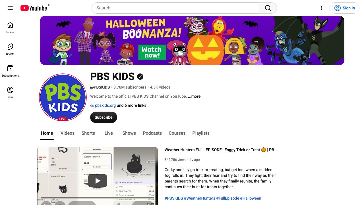Screenshot of PBS KIDS YouTube
