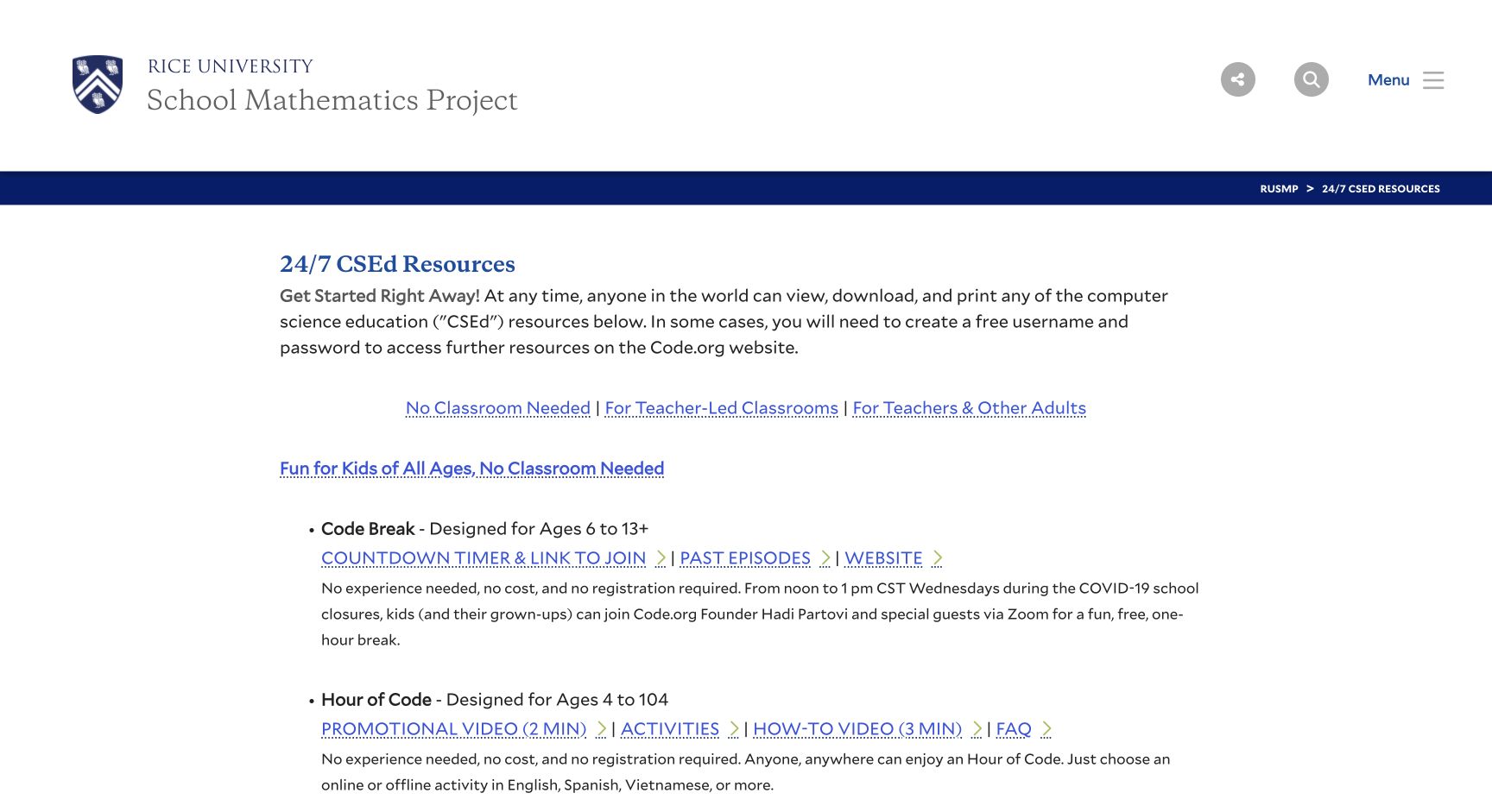 Screenshot of Rice 24/7 CSEd Resources
