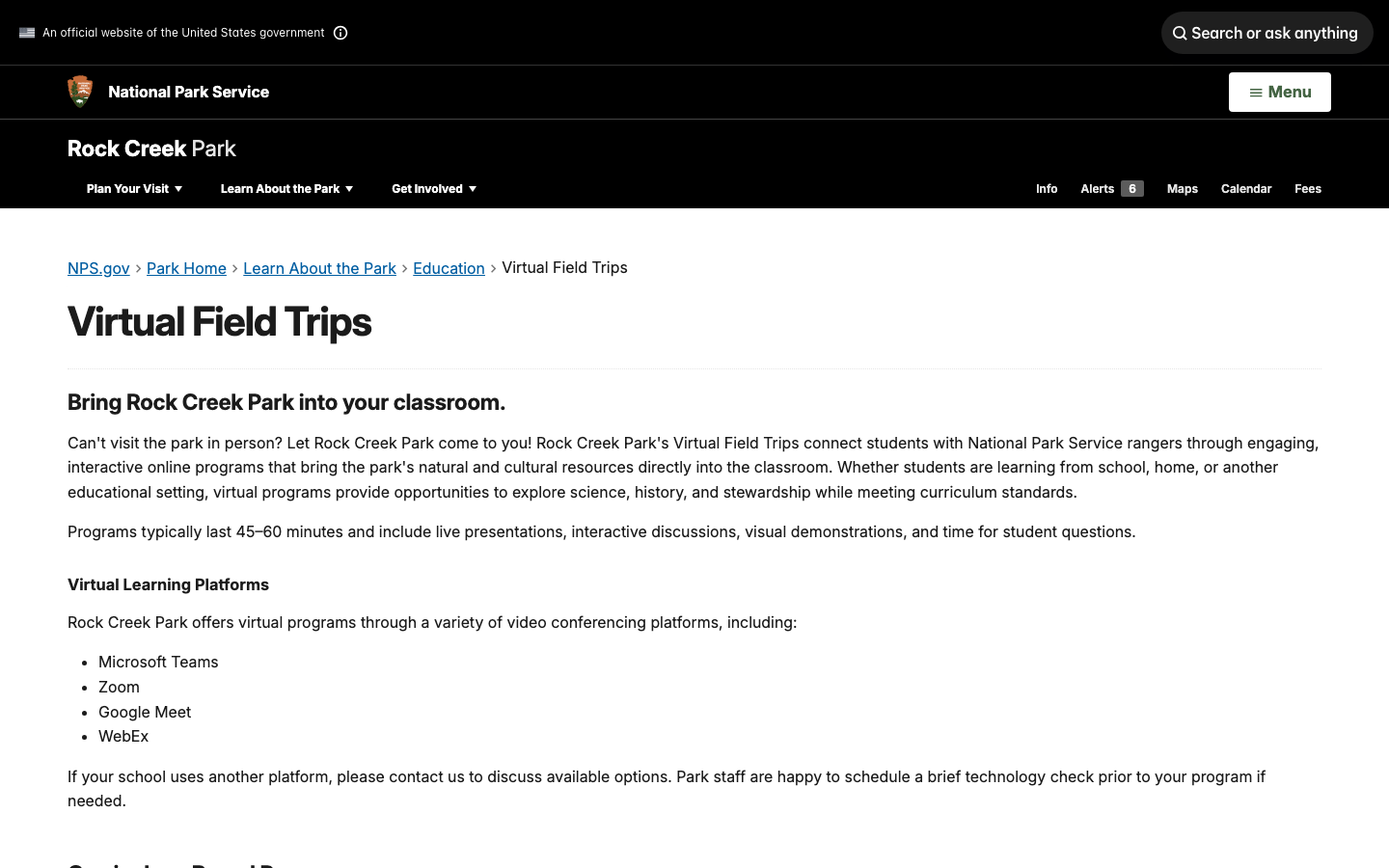 Screenshot of Rock Creek Park Virtual Field Trips