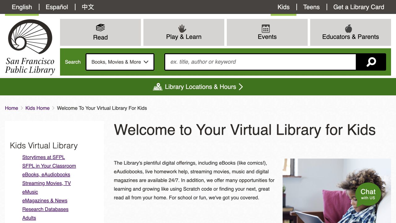 Screenshot of San Francisco Public Library Virtual Library for Kids