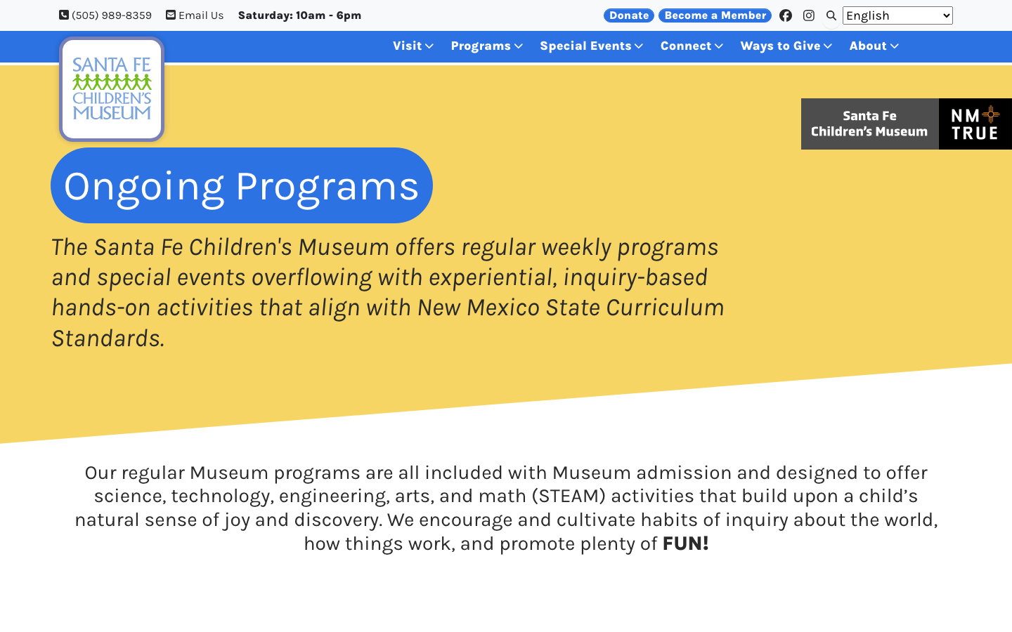 Screenshot of Santa Fe Children’s Museum Ongoing Programs