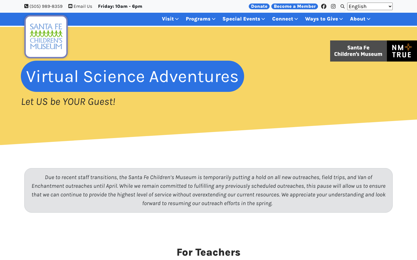 Screenshot of Santa Fe Children’s Museum Virtual Science Adventures