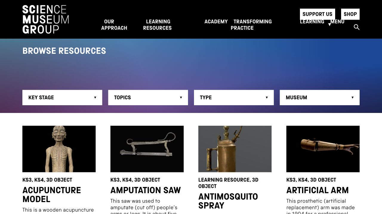 Screenshot of Science Museum Group Learning Resources