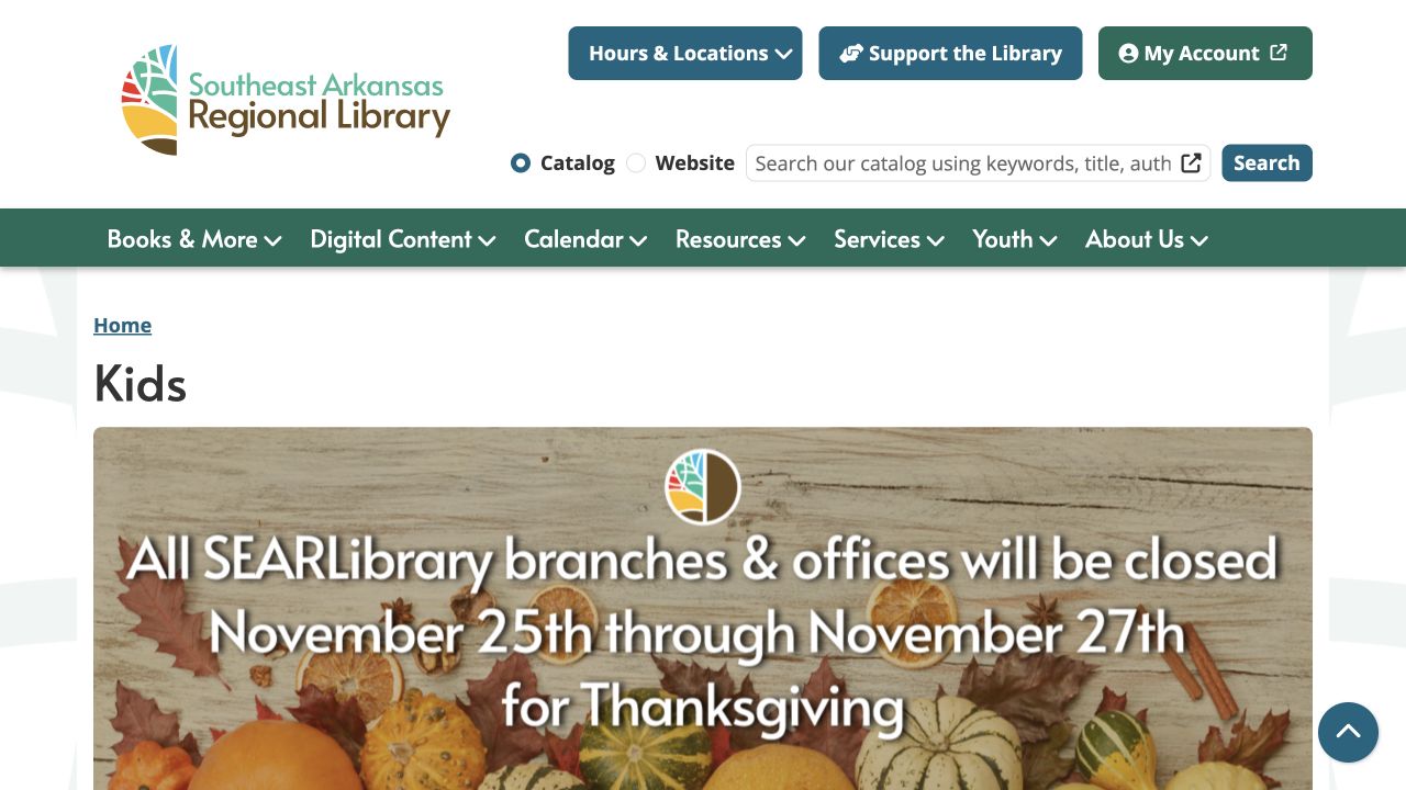 Screenshot of Southeast Arkansas Regional Library Kids Activities