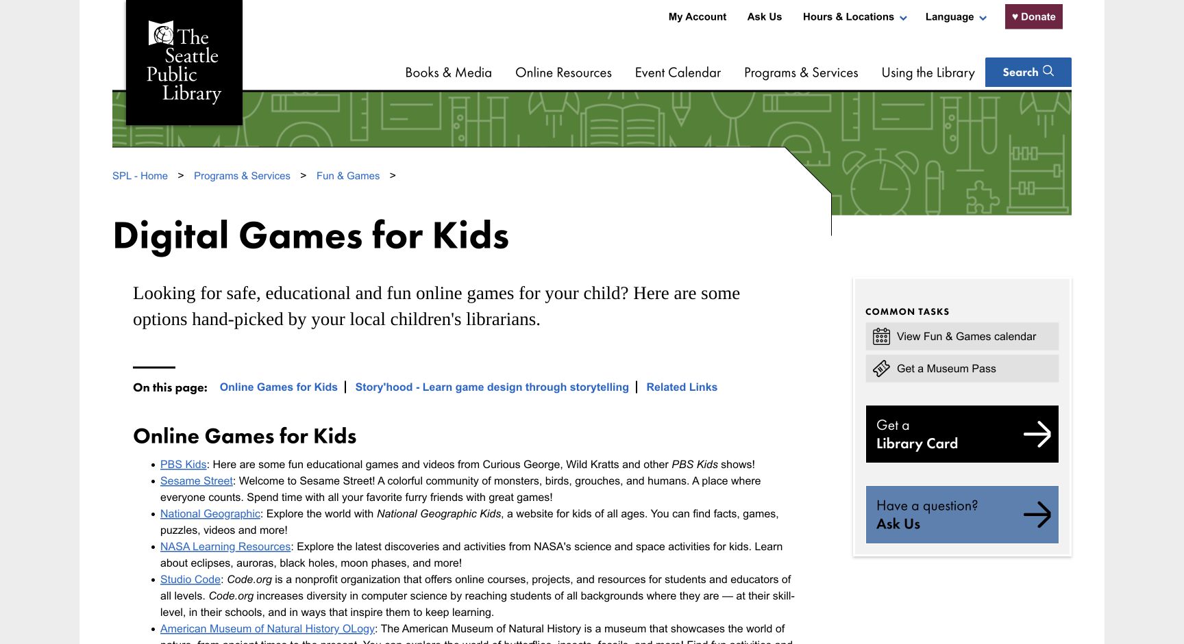 Screenshot of Seattle Public Library Digital Games for Kids