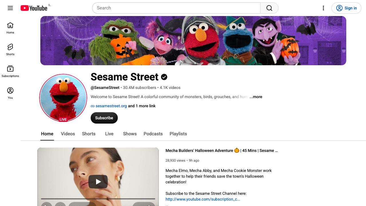 Screenshot of Sesame Street YouTube