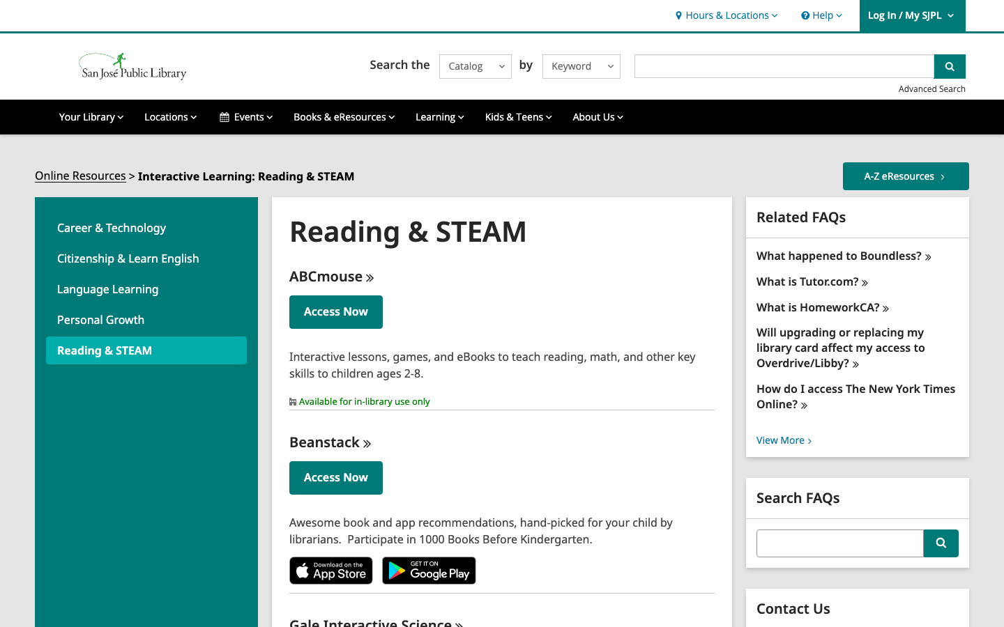 Screenshot of SJPL Reading & STEAM