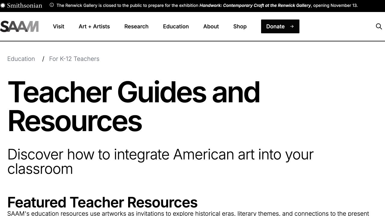 Screenshot of Smithsonian American Art Museum K–12 Resources