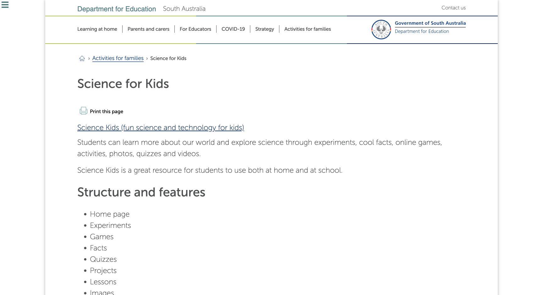 Screenshot of Science for Kids