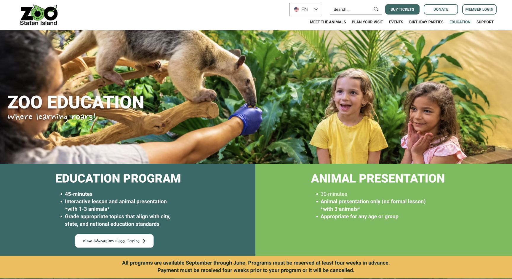 Screenshot of Staten Island Zoo Education