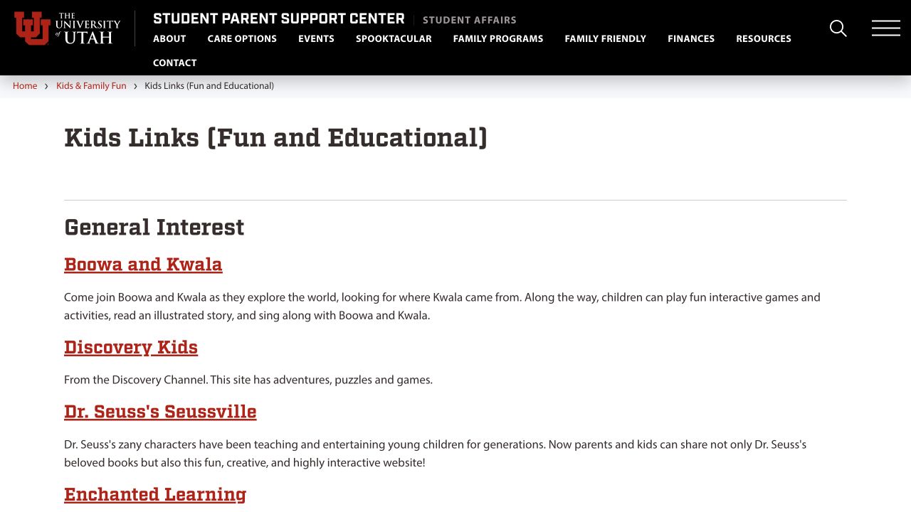 Screenshot of University of Utah Kids Links