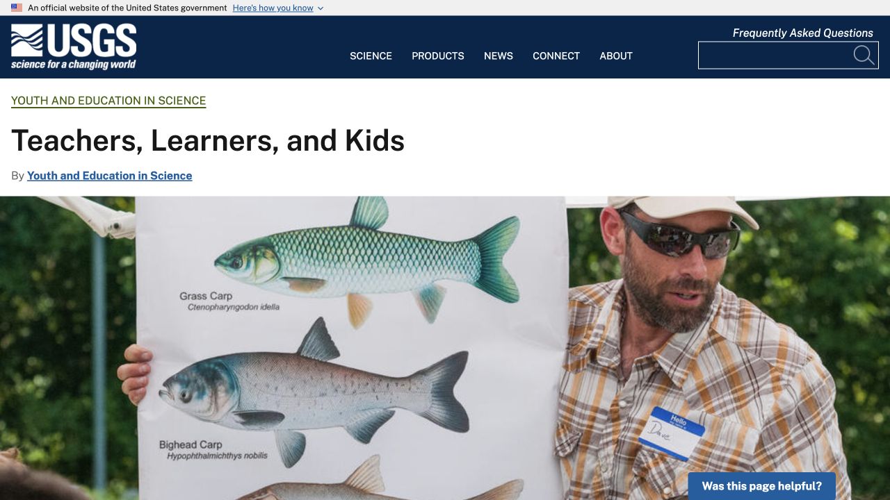 Screenshot of USGS Teachers, Learners, and Kids