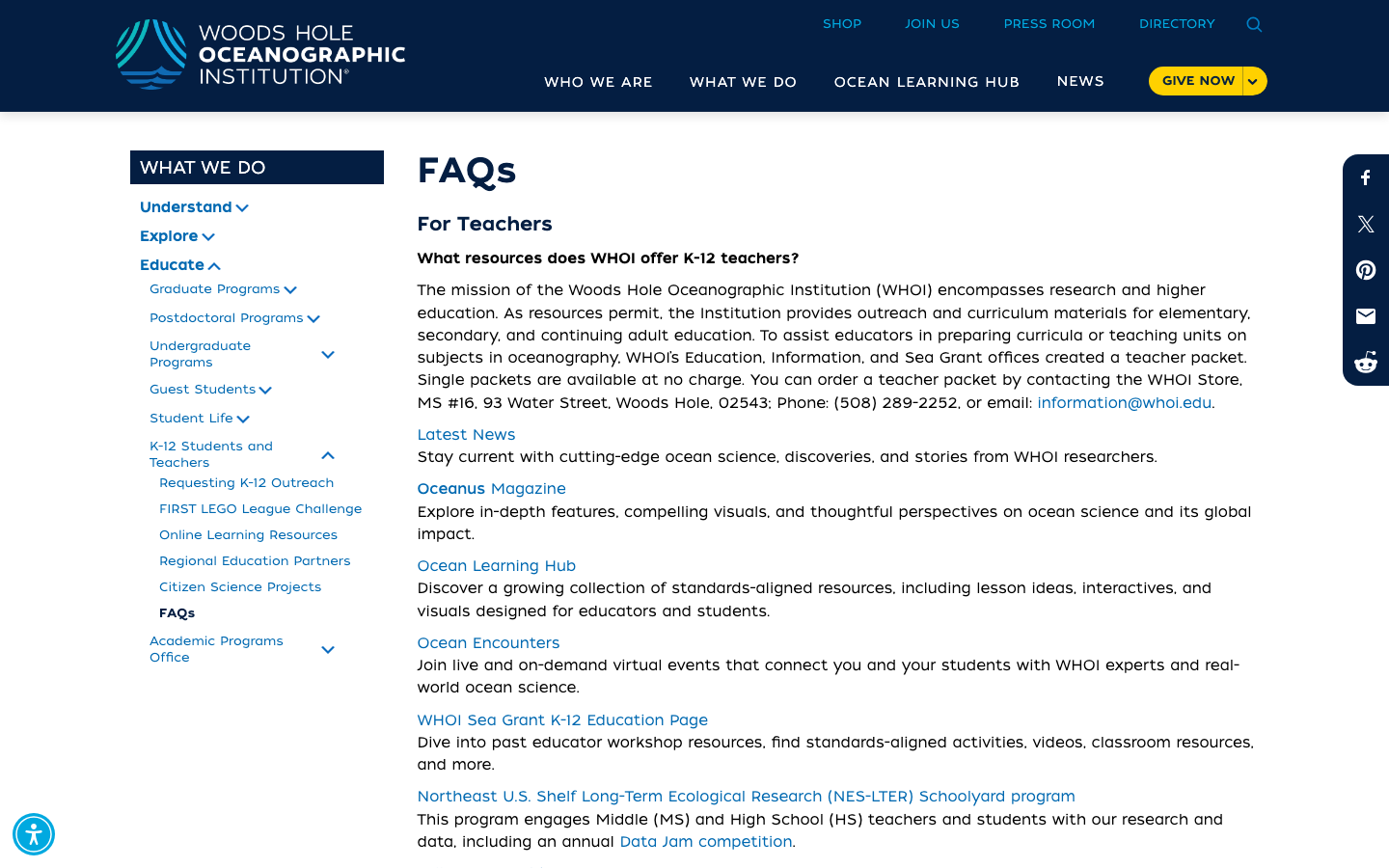 Screenshot of WHOI K–12 Ocean Learning