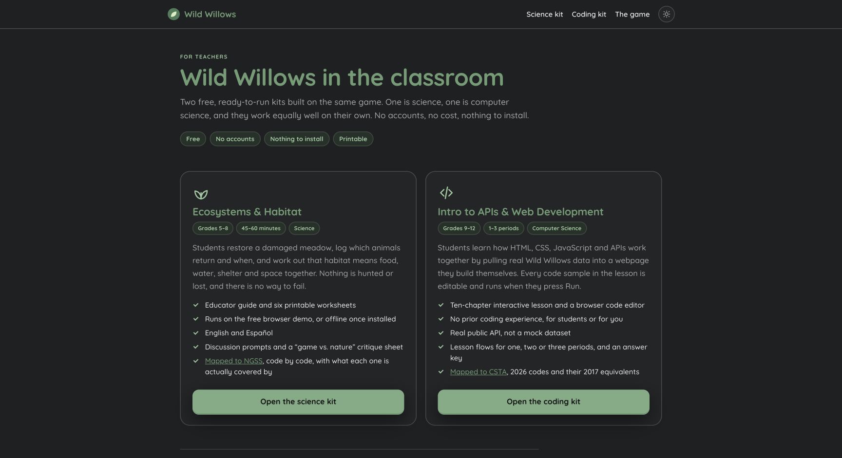 Screenshot of Wild Willows Classroom Kits
