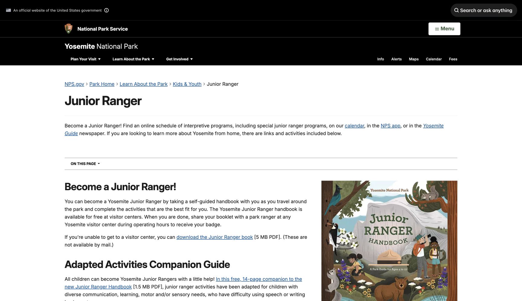Screenshot of Yosemite Virtual Junior Ranger